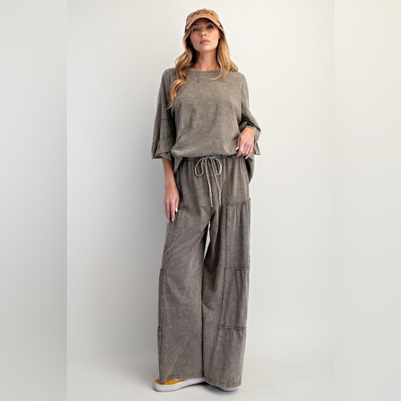 Easel Los Angeles Pants - Easel ASH MOCHA ruffle Sleeve top pant lounge set S M L NWT cotton summer grey